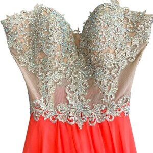 LA FEMME Coral Beaded Corset Chiffon Satin Prom/Pageant/Evening Dress- Size 2